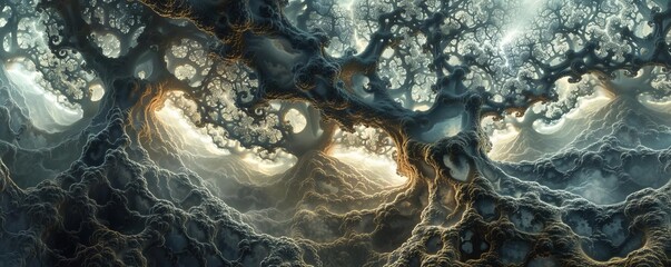 surreal digital artwork of a forest, with trees that have roots and branches intertwining in complex, fractallike patterns