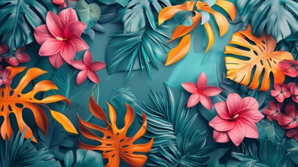 Tropical prints flat design front view exotic flora theme 3D render Triadic Color Scheme