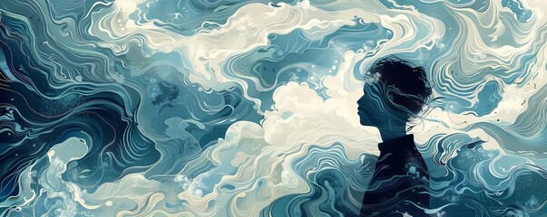 abstract, stylized graphic depicting a diver surrounded by swirling patterns of water and marine creatures, symbolizing the fluidity and mystery of the underwater world