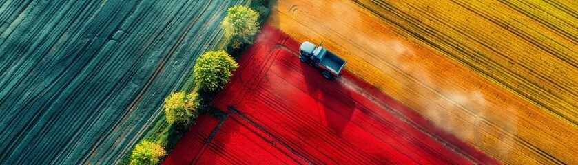 abstract, stylized graphic illustrating the dynamic perspective of a drone over a geometrically patterned agricultural field, with crops arranged in vivid, surreal color blocks