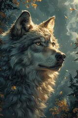 An illustration of a majestic wolf.