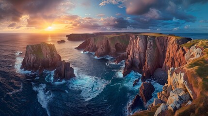 Panoramic View of Rugged Coastal Cliffs Under a Stunning Sunset, With Turbulent Sea Waters Below...