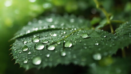 Large beautiful drops of transparent rain water on a green leaf