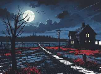 Illustration of a moonlit night landscape with a lone house, AI Generative