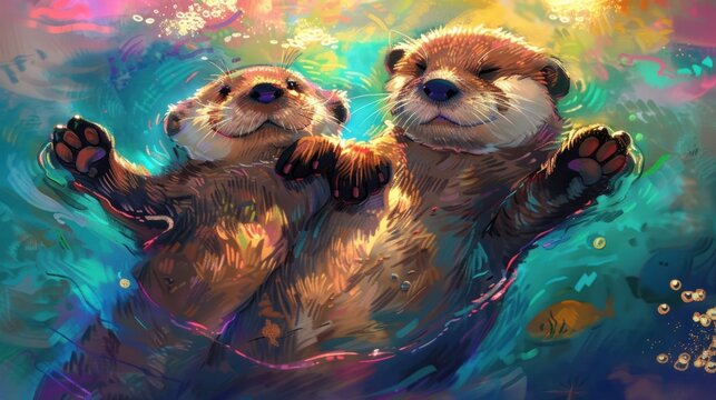 Two happy cartoon otters painted with water color.