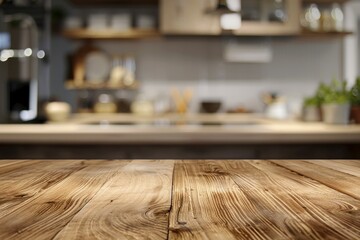 Wood table top on blur kitchen counter (room)background.For montage product display or design key visual layout - generative ai