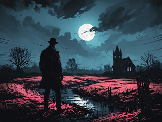 Comic Style Illustration of a Night Landscape With a Cowboy Figure Looking At a Distant House, , AI Generative