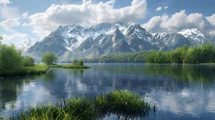 Beautiful lake with mountains in the background, relaxing place, ideal for yoga