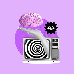 Retro TV, human hand, holding, brain, Manipulation, propaganda, brainwashing, hypnosis, magic,...