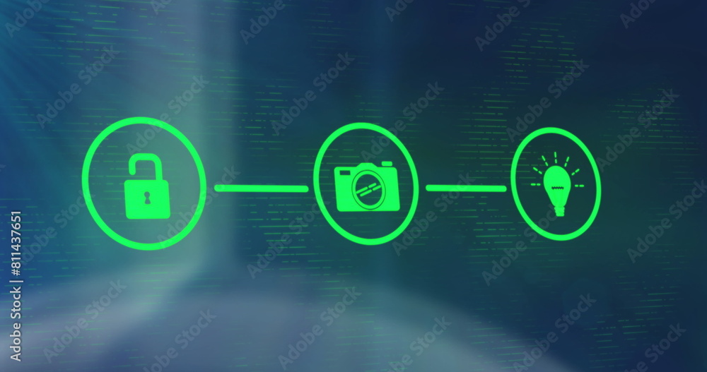 Poster image of icons connected with lines over multiple infographic interfaces in background