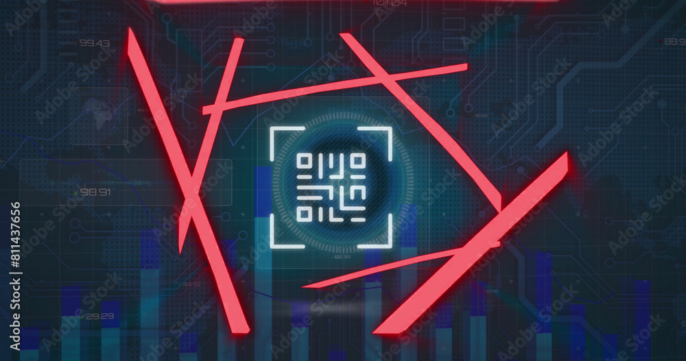 Poster image of qr code in abstract pattern over hud interface against blue background