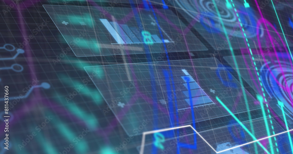Poster image of graphs, circle and multicolored abstract pattern against black background