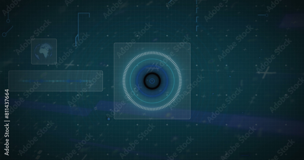 Poster image of qr code in circular tunnel, globe, circuit board pattern against abstract background