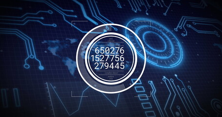 Image of multiple numbers in circles over radar, circuit board pattern, map and globe