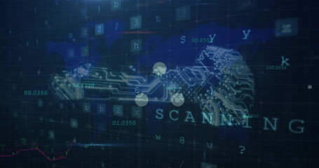 Image of digital key, scanning and numbers in navy digital space