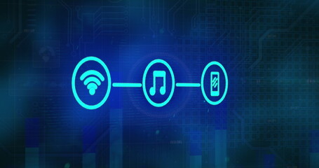 Image of tech icons, light and data on navy background