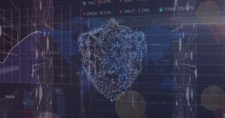Image of data processing over shield and world map
