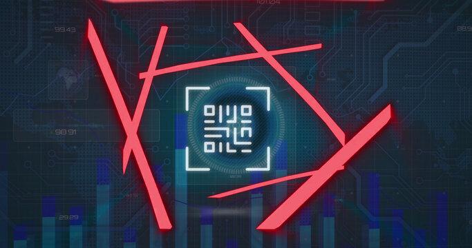 Image of qr code in abstract pattern over hud interface against blue background - Powered by Adobe