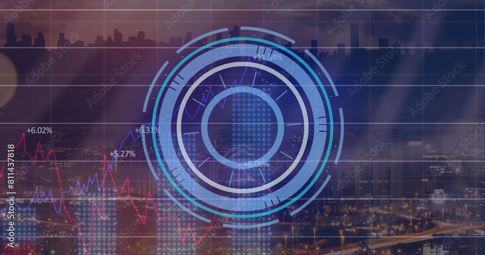 Poster image of neon round scanner and statistical data processing against aerial view of cityscape
