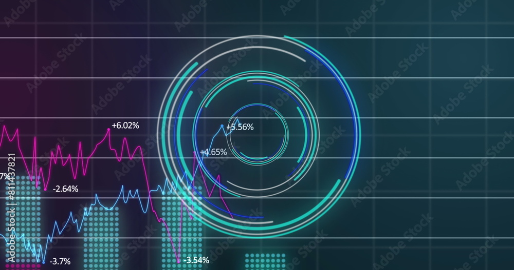 Poster image of neon round scanner and statistical data processing against blue gradient background