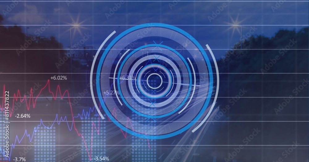 Poster image of neon round scanner and statistical data processing against aerial view of city traffic