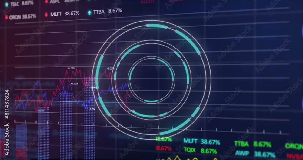 Poster image of round scanner, statistical and stock market data processing on purple background