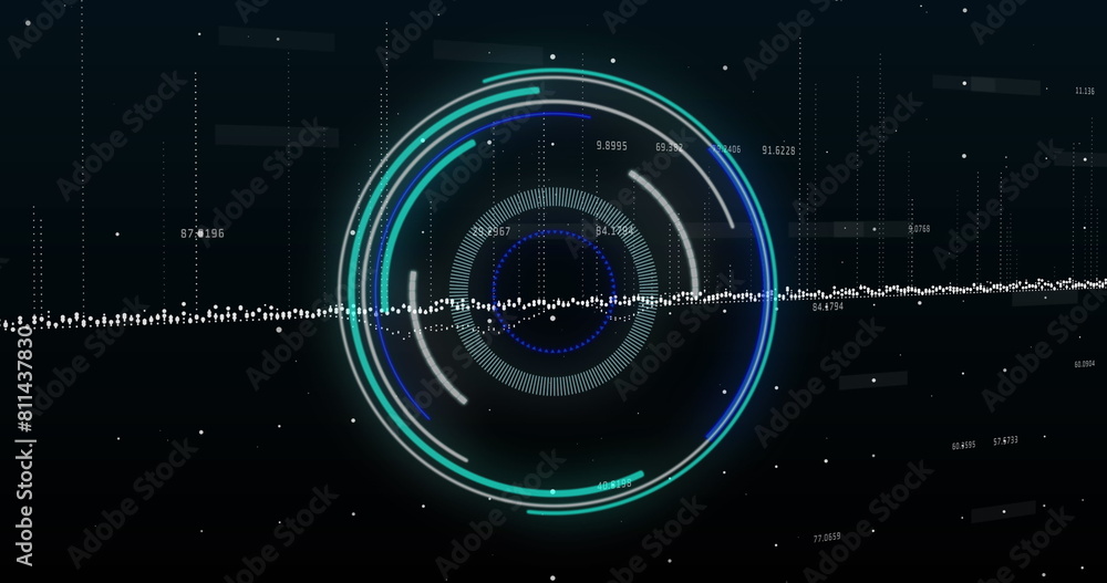 Poster image of neon round scanner and data processing against black background