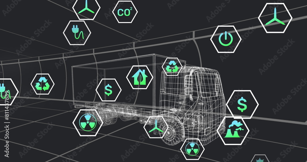 Poster image of multiple digital icons over 3d truck model in seamless pattern on black background