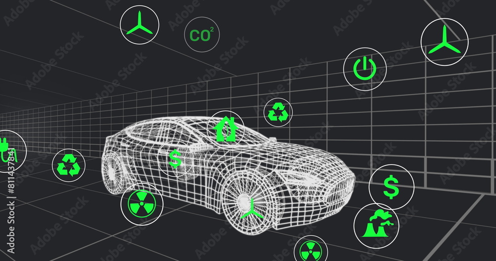 Poster image of multiple digital icons over 3d car model moving in seamless pattern on black background