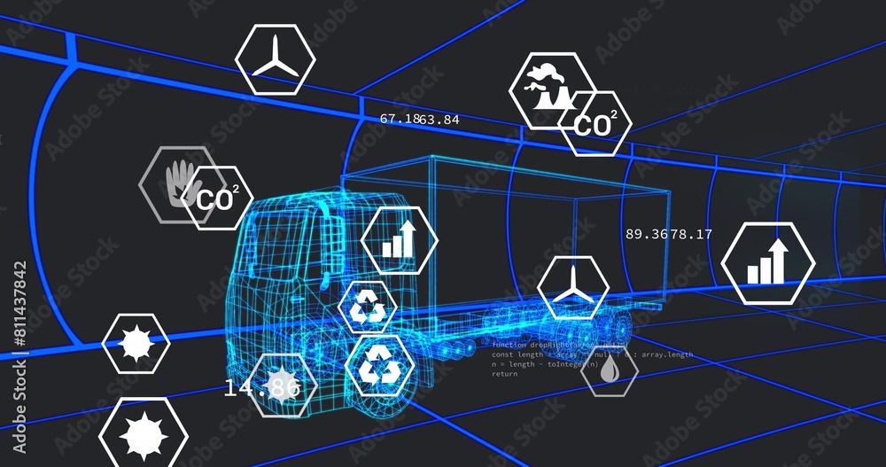 Poster image of multiple digital icons over 3d truck model in seamless pattern and data processing
