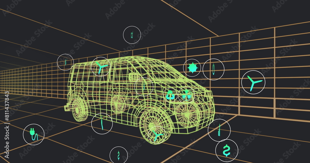 Poster image of multiple digital icons over 3d van model moving in seamless pattern on black background