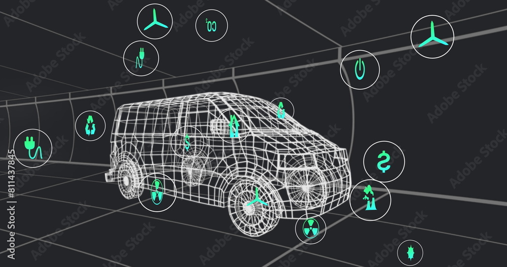 Poster image of multiple digital icons over 3d van model moving in seamless pattern on black background
