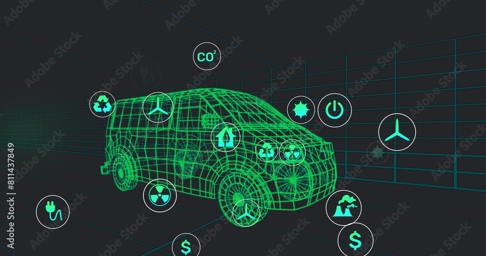 Poster image of multiple digital icons over 3d van model moving in seamless pattern on black background