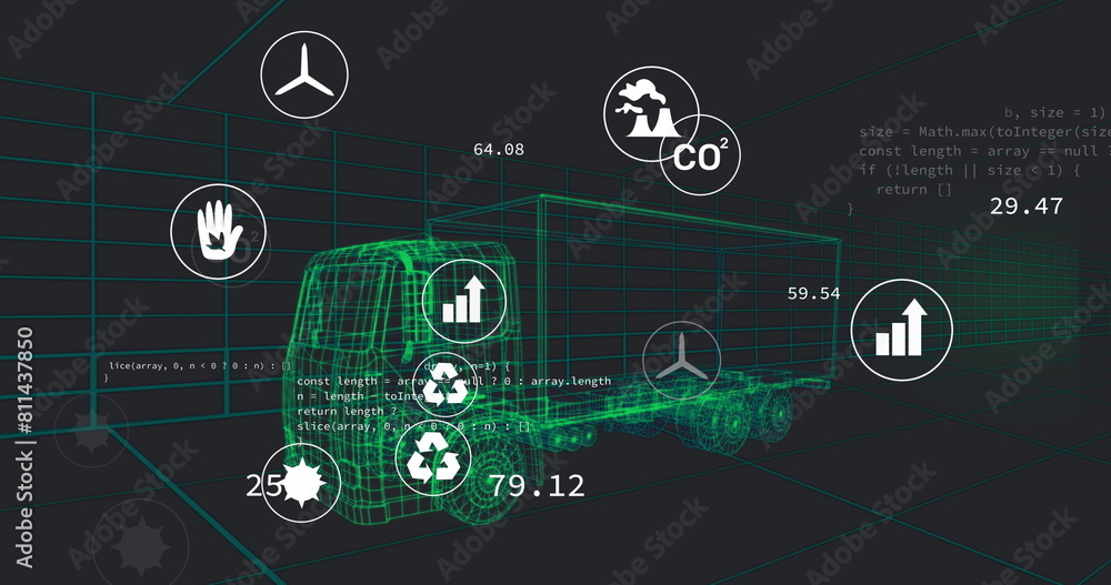 Poster image of multiple digital icons over 3d truck model in seamless pattern and data processing