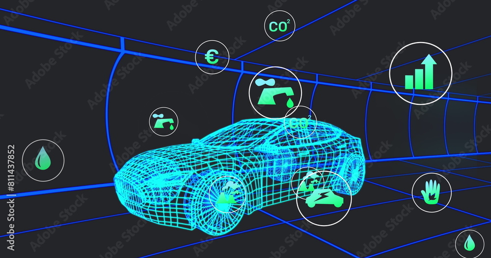 Poster image of digital icons over 3d car model moving in seamless pattern against black background