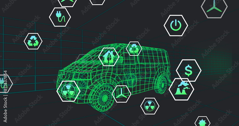 Poster image of multiple digital icons over 3d van model moving in seamless pattern on black background