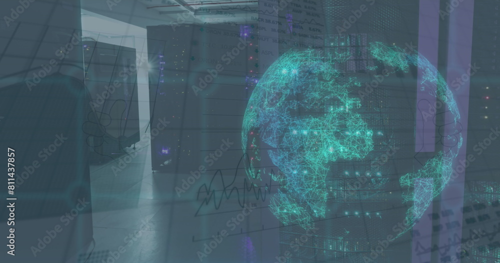 Aufkleber image of statistical and stock market data processing over spinning globe against server room