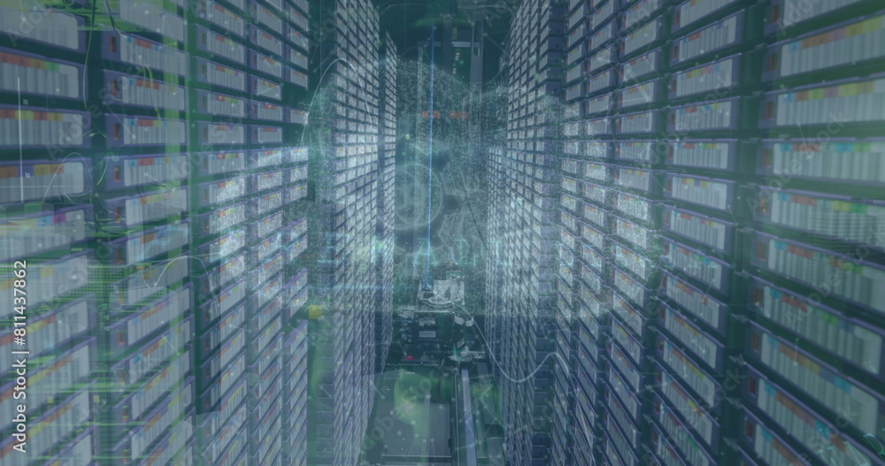 Poster image of cyber security data processing and cloud icon against computer server room