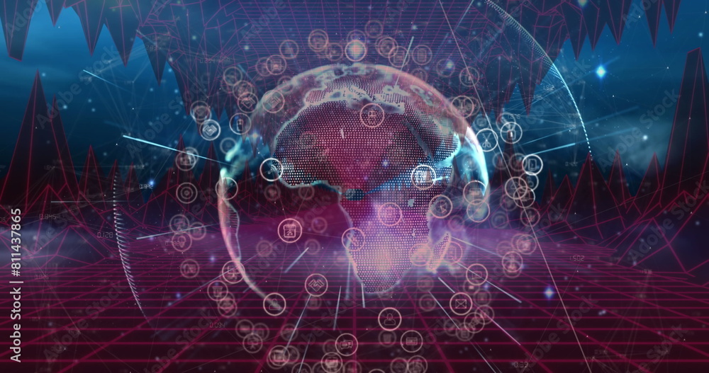 Poster image of data processing and globe with connections and icons