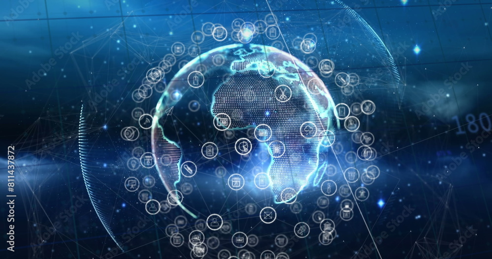 Poster image of data processing and globe with connections and icons