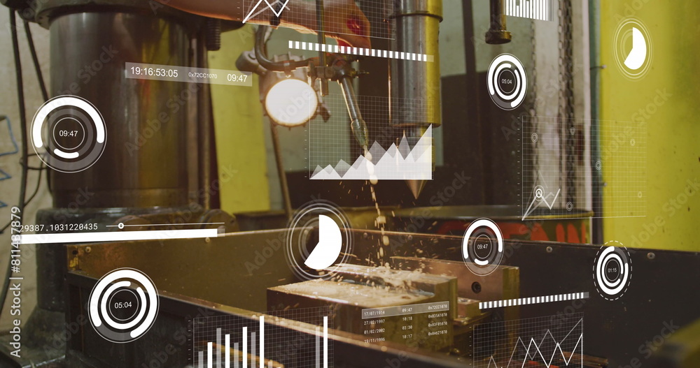 Poster image of graphs and loading circles, caucasian mechanic turning off water falling from machinery
