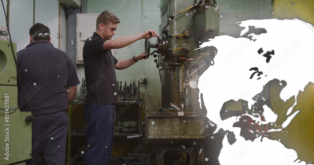 Aufkleber image of globe rotating over diverse man walking towards coworker using machinery in garage