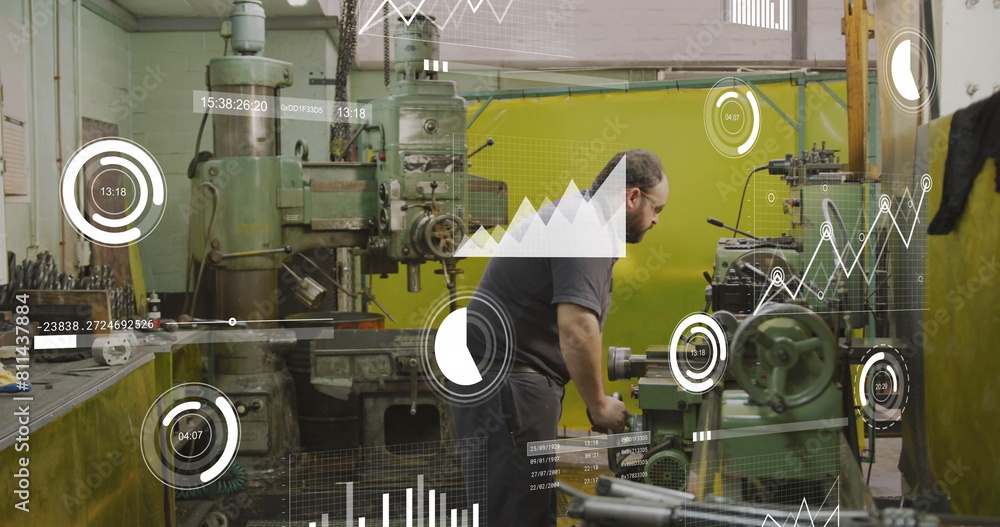 Aufkleber image of multiple graphs and loading bars over caucasian mechanic operating machinery in garage