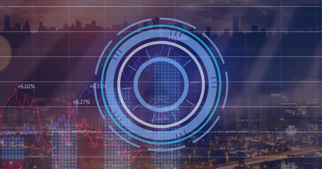 Image of neon round scanner and statistical data processing against aerial view of cityscape