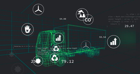 Naklejka premium Image of multiple digital icons over 3d truck model in seamless pattern and data processing