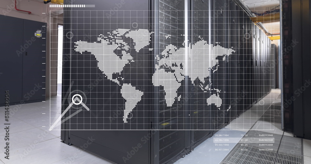 Poster world map and graphs processing data over computer server room