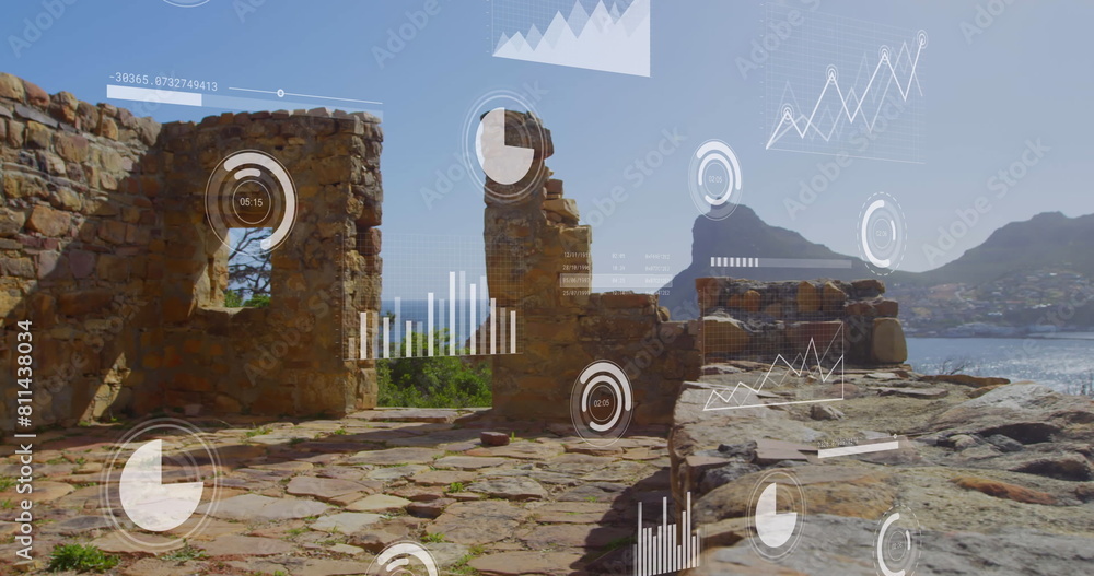 Poster image of data processing against view of fort and sea