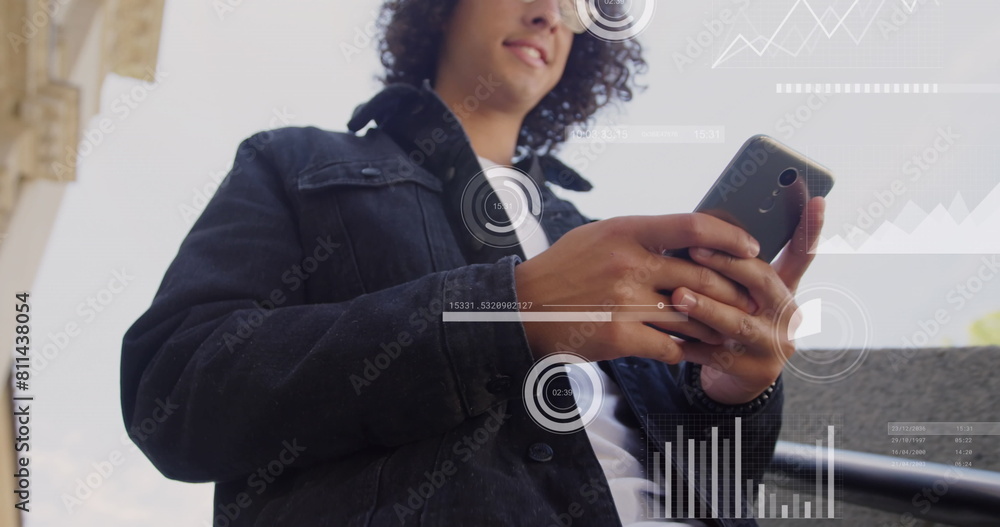 Aufkleber image of financial data processing over caucasian man using smartphone