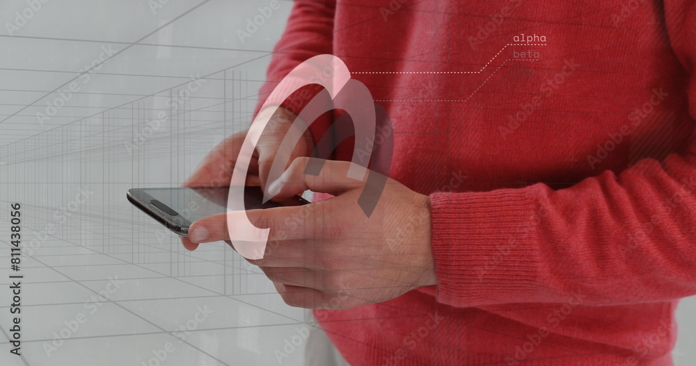 Poster image of financial data processing over caucasian businessman using smartphone