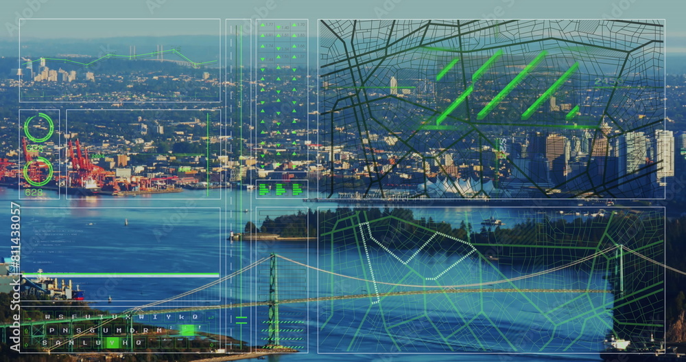 Poster image of interface with data processing against aerial view of sea and cityscape